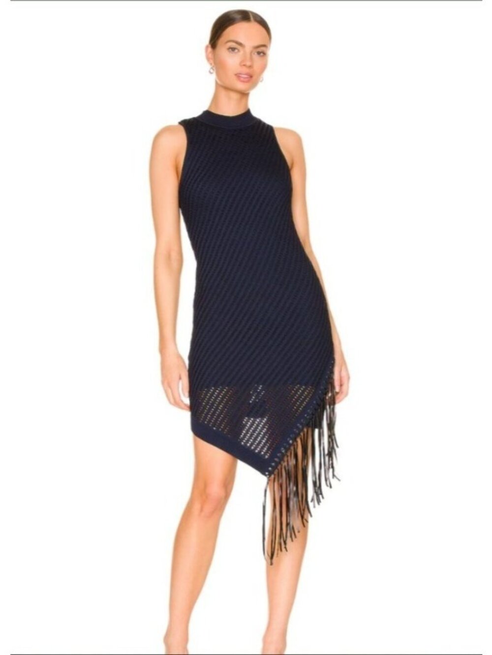 Jonathan Simkhai Chelle Fringe Pointelle Knit Dress Blue Black Sz Medium PERFECT